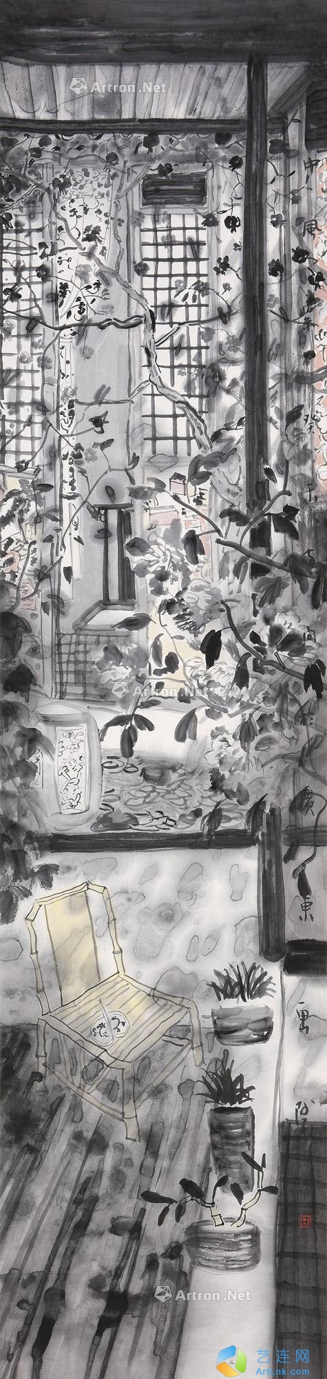 方向（b.1967）
                                                                                                                                                0004 
                            庭中风絮 立轴 设色纸本