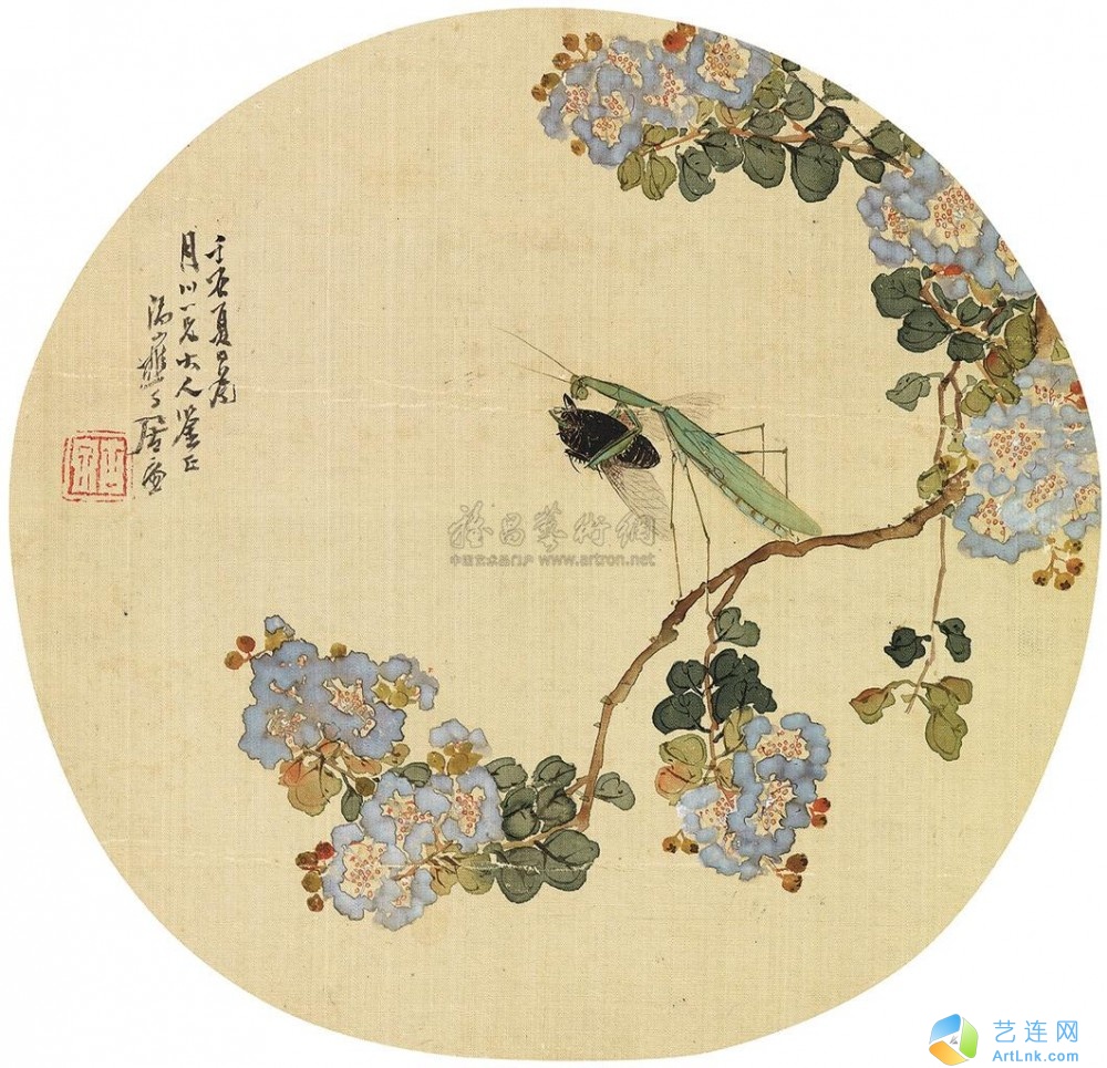 拍卖价格】 居廉（1828～1904） 0978 1892年作螳螂捕蝉镜框设色绢本 