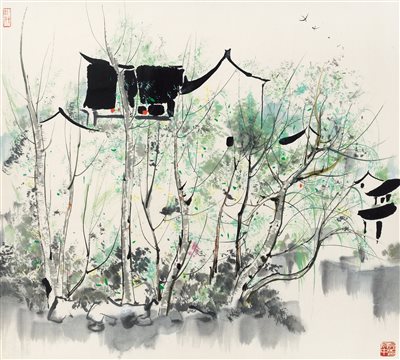 吴冠中（1919-2010）《江南水乡 镜框 设色纸本》|【荣宝拍卖】-2021春季艺术品拍卖会