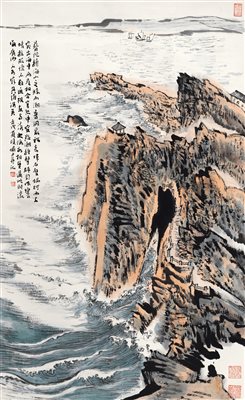 陆俨少（1909-1993）《普陀山 立轴 设色纸本》|【荣宝拍卖】-2021春季艺术品拍卖会