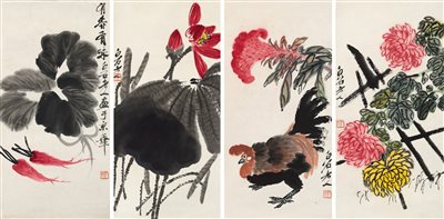 齐白石（1864-1957）《蔬果动物 四屏 镜心 设色纸本》|【荣宝拍卖】-2021春季艺术品拍卖会