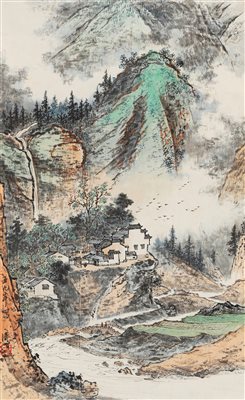 陶一清（1814-1986）《山里人家 立轴 设色纸本》|【荣宝拍卖】-2021春季艺术品拍卖会