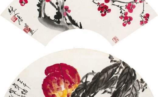 唐云（1910～1993）
                                                                                    张世简（1926～2009）
                                                                                                                                                0154 
                            2005年作 红梅迎春 三千年结实之桃 镜框 设色纸本