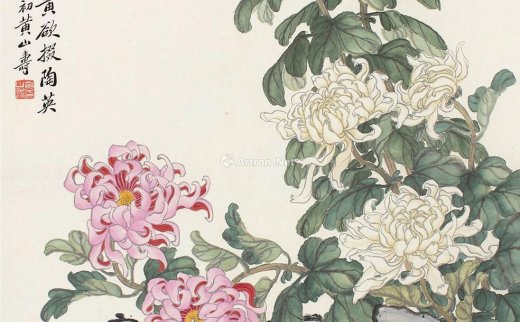 黄山寿（1855～1919）
                                                                                                                                                0148 
                            1909年作 瑞鸟菊石图 镜片 设色纸本