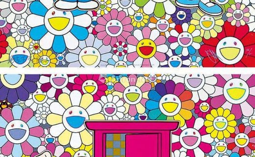 藤子．F．不二雄
                                                                                    村上隆（B.1962）
                                                                                                                                                2557 
                            2018年作 花丛中的任意门、通过任意门我们到达了花丛（一组两件） 镜框 胶印版画