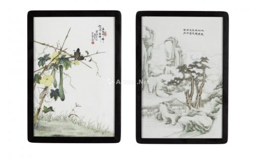 --                            0021 
                            民国 绘彩瓷板两件