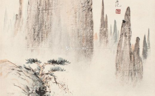 钱瘦铁（1897～1967）
                                                                                    张善孖（1882～1940）
                                                                                                                                                0803 
                            1928年作 黄山高士 镜片 设色纸本
