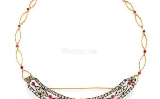 --                            0654 
                            Early 20th Century A silver，18K yellow gold，diamond and ruby necklace brooch-necklace