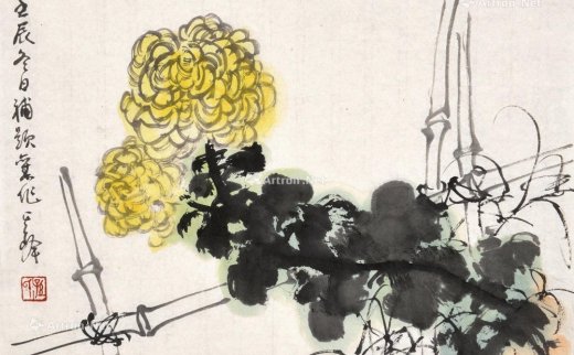 孙其峰
                                                                                                                                                0042 
                            壬辰（2012年）作 菊花 托片 设色纸本