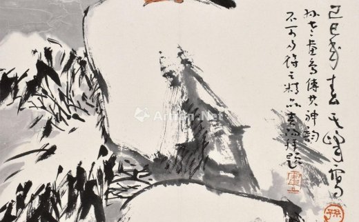 孙其峰
                                                                                    霍春阳题
                                                                                                                                                0038 
                            己巳（1989年）作  卧雪鸳鸯 镜心 设色纸本