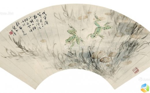 王雪涛（1903-1982）
                                                                                                                                                0264 
                            1938年作 双蛙 扇面镜心 设色纸本