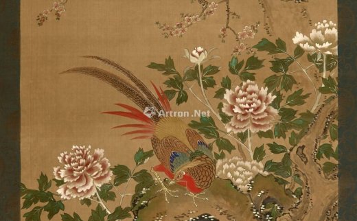 --                            0012 
                            日本 江户时代 十九世纪 花鸟图卷轴两幅 绢本设色