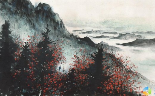 黎雄才（1910～2001）
                                                                                                                                                0039 
                            云海红树 镜片 设色纸本