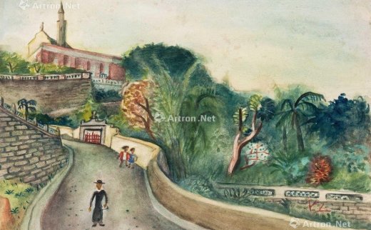 谭华牧（1895～1976）
                                                                                                                                                2604 
                            1940年代 教堂边的花园 纸本水彩 -北京匡时国际拍卖有限公司