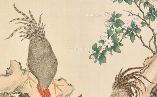 【拍卖价格】                                                                                    马晋（1900-1970）
                                                                                                                                                1433 
                            1938年作 花卉双鸡 立轴 设色绢本