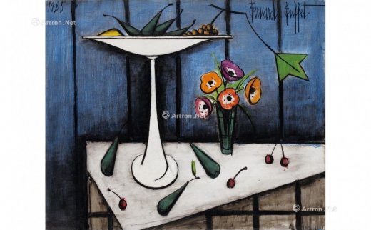 贝尔纳·毕费（1928-1999）
                                                                                                                                                0085 
                            1985年作 Nature Morte au Compotier et Anémones （静物之果盘和银莲花） 油彩·画布·框