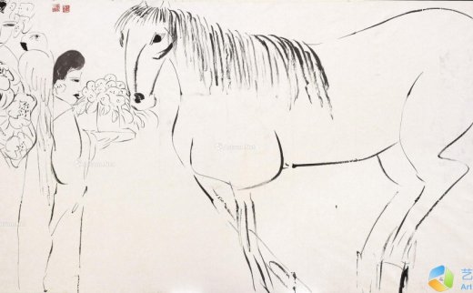 【拍卖价格】                                                                                    丁雄泉（1928～2010）
                                                                                                                                                0593 
                            1990年作 两女与马及鹦鹉 水墨  纸本 裱于画布